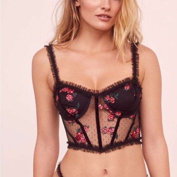 For Love And Lemons Rosebud Bustier Black w Red Rose Embroidery Womens Sz Small - Picture 1 of 12